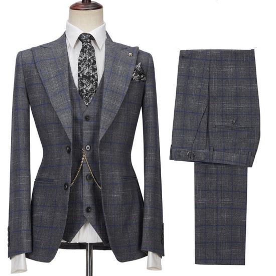 Happnessmall Gray Bespoke Notched Lapel Three Pieces Plaid Formal Suits_3