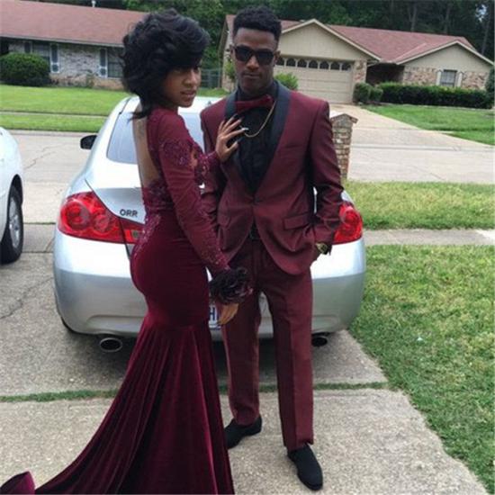 Jaxon Burgundy One Button Slim Fit Prom Party Men Suit With Black Shawl_2