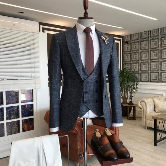 Titos New Arrival Black Plaid Double Breasted Peaked lapel Formal Menswear_2