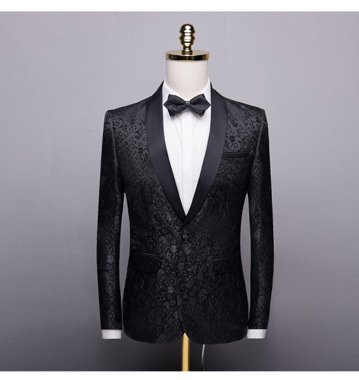 Black shawl lapel men's jacquard set | Unique slim fit groom two-piece set_5