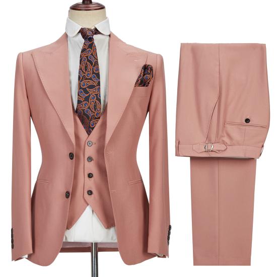 Unique 3 Piece Coral Pink Two Buttons Peak Lapel Stylish Men's Suit_5