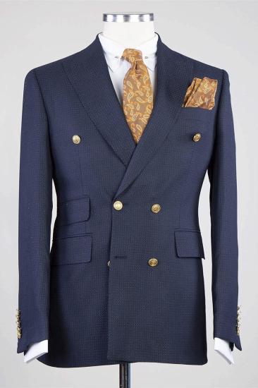 Stylish Navy Peaked Lapel Double Breasted Busibess Men Suits