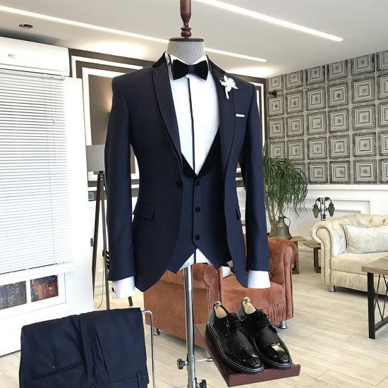 Ethan Smart Dark Navy Blue 3-pieces Notched Lapel Slim Fit Business Suits_2