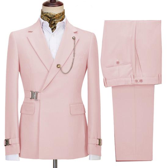 Fashion Pink Notched Lapel Special Button Two Pieces Businees Men Suits with Buckle_2