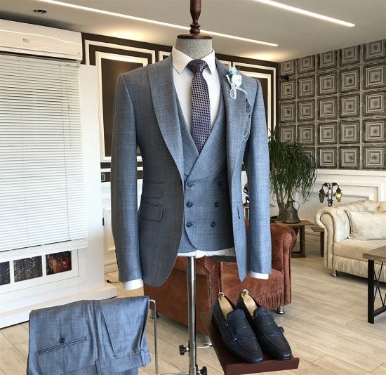 Tassos Popular Gray Plaid Peaked Lapel Double Breasted Business Suits For men_2