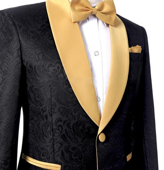 Black Two Pieces Prom Suits With golden Shawl Lapel | Jacquard Tuxedo with One Button_3