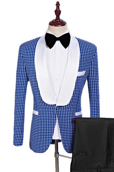 Blue Shawl Lapel Polka Dot One Button Wedding Tuxedo for Men | happnessmall
