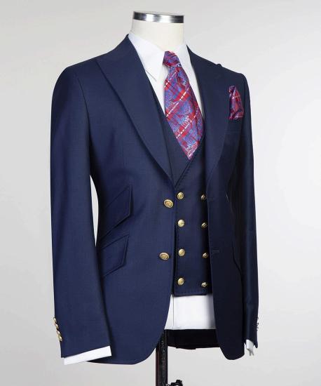 Sterling Chic Dark Navy Three Pieces Men Suits With Peaked Lapel_3