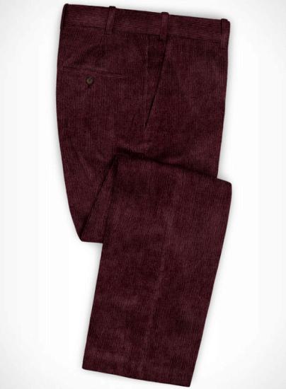 New Arrival Burgundy Corduroy Striped Prom Men Suits_3
