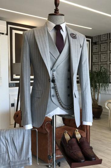 Newest Gray Striped Peaked Lapel 3-pieces Men Suits For Business | Happnessmall