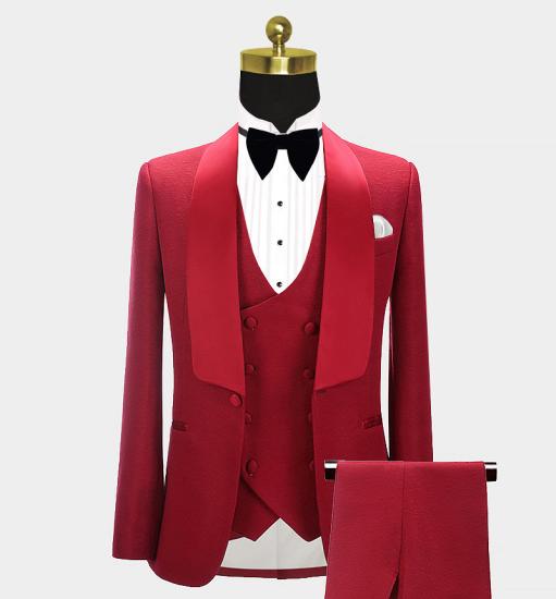 Unique Red Three Pieces Fashion Shawl Lapel Wedding Grooms Suits | happnessmall_3