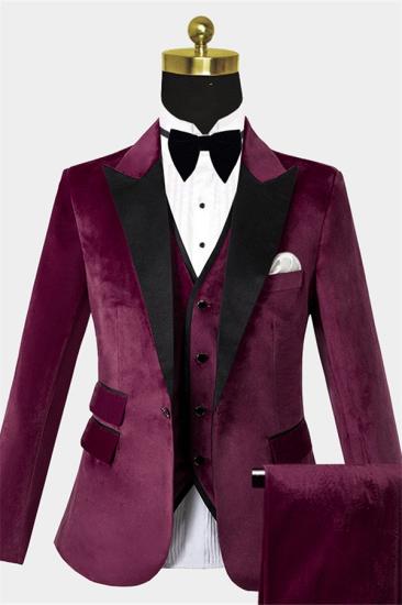 Jaxon Newest Burgundy Velvet Three Pieces Tuxedo | Peak Lapel Prom Men Suits_1
