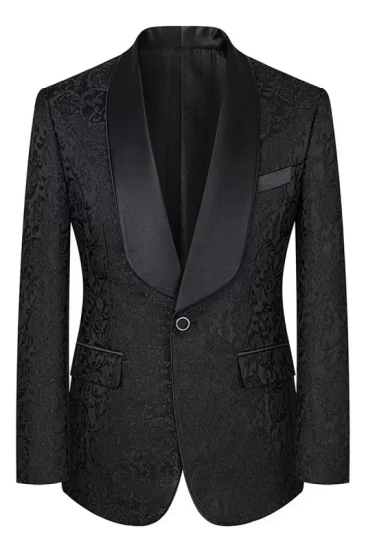 Newest Black Jacquard Shawl Lapel Three Pieces Prom Suits | Happnessmall_2