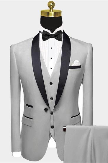 Advanced Silver Grey One Button Groom Set | Black Satin Shawl Men's Wedding Suit