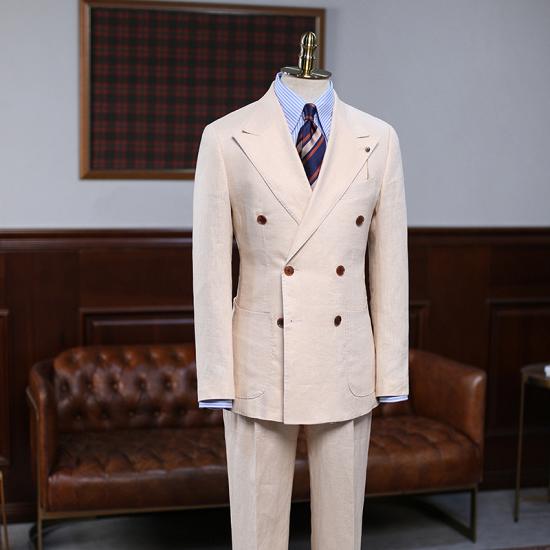 Jérôme Stylish Light Khaki Peaked Lapel Double Breasted Business Suit_2