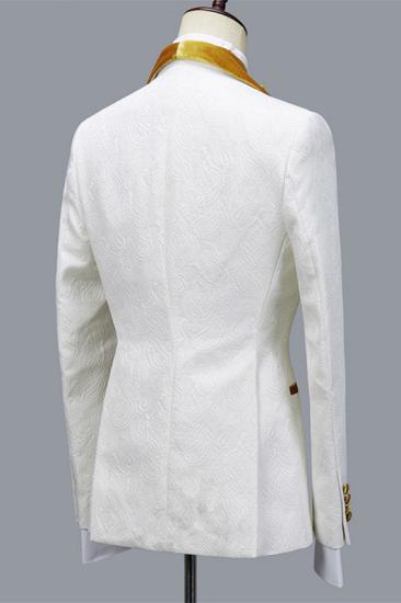 Prokopiou White Chic Jacquard Three Pieces Wedding Suit With Yellow Lapel_2