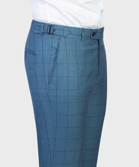 Stylish Blue Plaid Slim Fit Peaked Lapel Three Pieces Men Suits_6