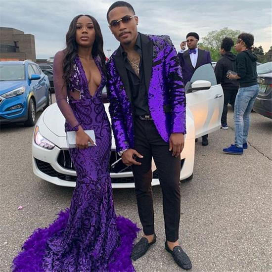 Ambrose Popular Purple Sequined Two Piece Slim Fit Prom Men Suits_2