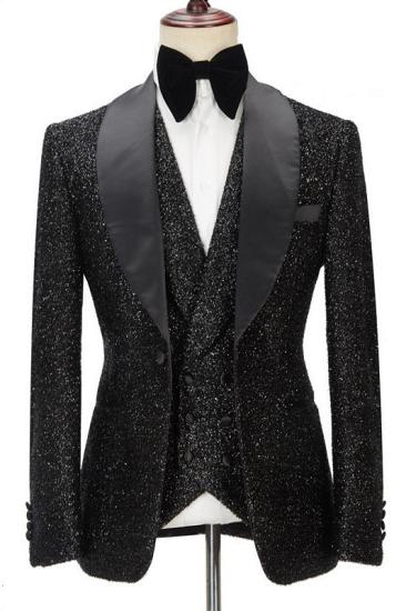 Gorgeous Sparkly Black Three Pieces Shawl Lapel Bespoke Wedding Suit for Men_1